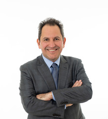 Close up portrait of happy confident middle aged businessman isolated on white background