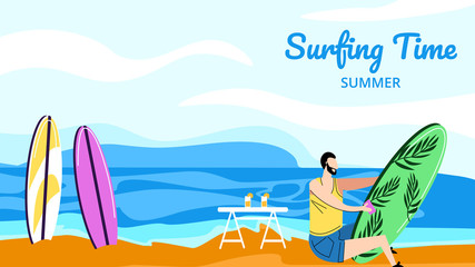 Young Man Surfer Polishing Surfing Board on Beach