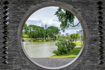 Retro Chinese Garden Round Door View Wall in Xiangmihu Park, Shenzhen