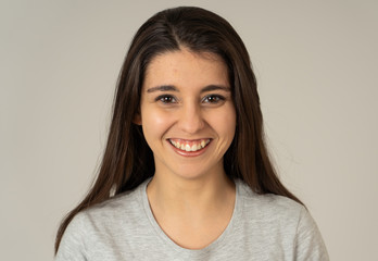 Fototapeta premium Portrait of young attractive cheerful woman with smiling happy face. Human expressions and emotions