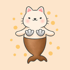 Cute cat mermaid hand drawn cartoon animal character. Hand drawing vector. Cartoon character design.