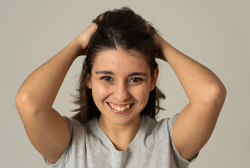 Fototapeta premium Portrait of young attractive cheerful woman with smiling happy face. Human expressions and emotions
