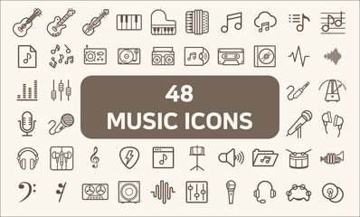 Set of 48 music and sound Icons line style.  Contains such Icons as musical, cassette, microphone, record, instrument, sound, guitar, audio And Other Elements.  customize color, easy resize.