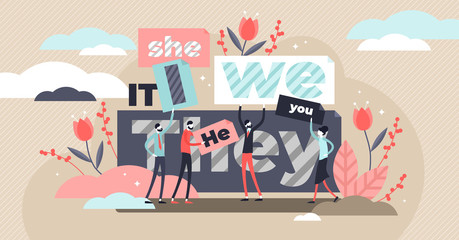 Pronouns vector illustration. Flat tiny substitutes words persons concept.