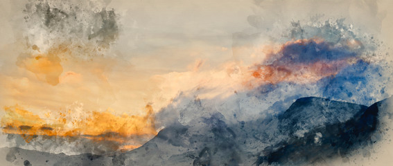 Digital watercolour painting of Stunning sunrise mountain landscape with vibrant colors and beautiful cloud formations