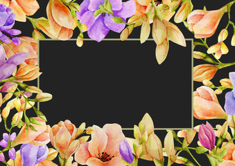 Watercolor purple and peach freesia flowers frame, hand drawn on a dark background, wedding or greeting card template