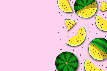 Watermelon. Summer background with whole fruit and fresh juicy yellow watermelon slices. Vector illustration 