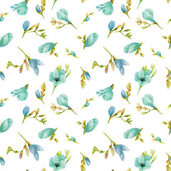 Watercolor blue freesia flowers seamless pattern, hand drawn on a white background