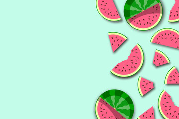 Watermelon. Summer background with whole fruit and fresh juicy watermelon slices. Vector illustration 