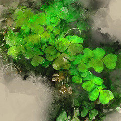 Digital watercolor painting of Small vibrant colorful green patch of clover in waterfall landscape setting