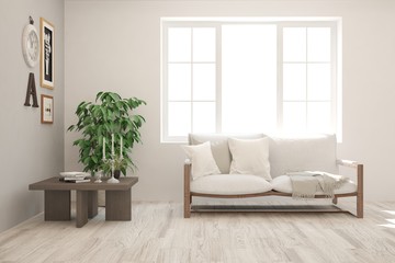 Stylish room in white color with sofa. Scandinavian interior design. 3D illustration
