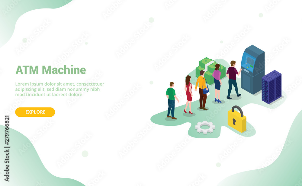 Poster atm queue concept with people men and woman queueing witdraw cash money for website template or land