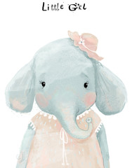 little watercolor girl elephant with pink dress