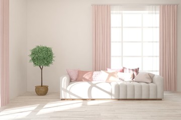 Obraz premium Stylish room in white color with sofa. Scandinavian interior design. 3D illustration