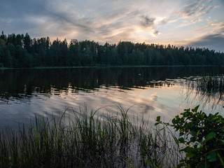 picture taken from sup board, evening colors on the lake, dark tree silhouettes, Lake Vaidava, Latvia