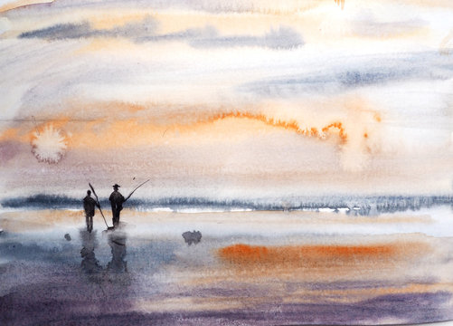 watercolor sunset on the beach with fishermen