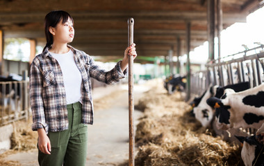 Positive female farmer who is standing near cows at the farm