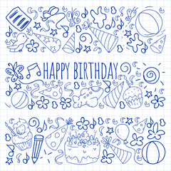Vector set of cute creative illustration templates with birthday theme design. Hand Drawn for holiday, party invitations. Drawing on squared notebook.