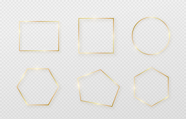 Golden border frame set with light shadow and light affects. Gold decoration in minimal style. Graphic metal foil element in geometric thin line rectangle shape