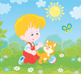 Obraz na płótnie Canvas Smiling little boy playing with a small kitten among flowers on green grass of a lawn on a sunny summer day, vector illustration in a cartoon style