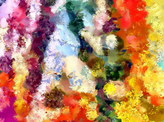 Large watercolor paint strokes on canvas. Simple modern art drawing. Multicolored background in oil painting style. Energy of bright colors. Hand made acrylic abstraction. Surreal impressionism print.