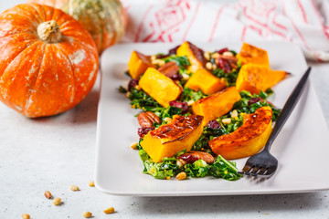 Pumpkin salad with nuts, cranberries and kale in a rectangular plate.