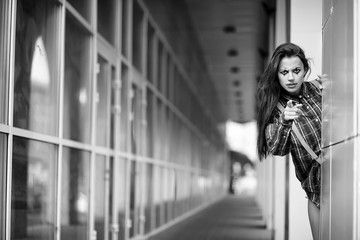 Girl in a clown makeup black and white