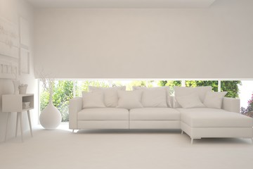 Mock up of stylish room in white color with sofa and green landscape in window. Scandinavian interior design. 3D illustration