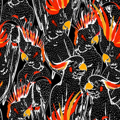 Stylish Doodle white line sketch cockatoo birds seamless pattern. Hand drawing mood. Vector art illustration.Design for fashion ,fabric,web,wallpaper and all prints © MSNTY_STUDIOX
