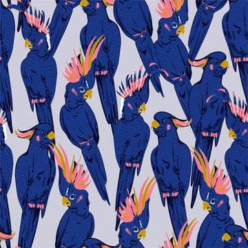 Colorful hand sketch fresh blue cockatoo birds summer vibes  seamless pattern in vector on texture design for fashion,fabric,web,wallpaper and all prints
