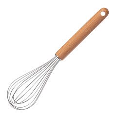 Clean new steel whisk isolated on white background. Cooking egg beater mixer whisker with wooden...
