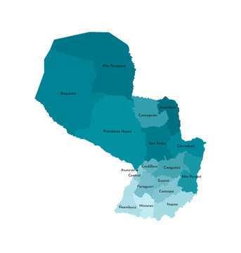 Vector isolated illustration of simplified administrative map of Paraguay. Borders and names of the departments (regions). Colorful blue khaki silhouettes