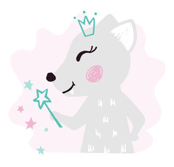 Wolf baby girl cute print. Sweet she-wolf with magic wand, crown.