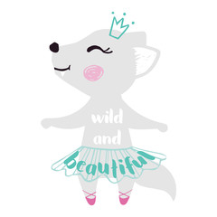 Wolf baby girl cute print. Sweet she-wolf ballerina dancing with crown, ballet tutu, pointe shoes.
