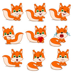 Set of cute little squirrel in cartoon style in different poses and emotions isolated on white background