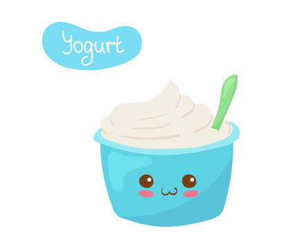 Kawaii Plain Yogurt vector character isolated on white background. Funny smiling yogurt  in plastic cup with spoon. Cute yummy dairy product mascot illustration. Kids menu concept. 