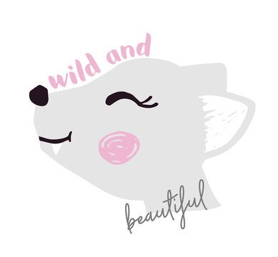 Wolf baby girl face cute print. Sweet she-wolf head with wild and beautiful slogan