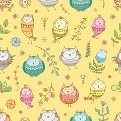 Seamless pattern with cute cartoon owls and plants on yellow  background. Funny birds. Vector contour colrful  image. Doodle style.
