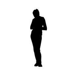 Sporty woman standing bending head forward. Front view. Black silhouette isolated on white background. Side view. Monochrome vector illustration of silhouette of girl in hoodie. Concept.