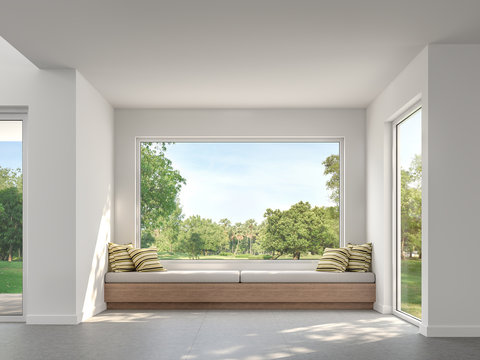 Fototapeta Modern living room with garden view  3d render,There are white wall,concrete tile floor,Decorate with wood and fabric seat,There are large windows looking to big garden.