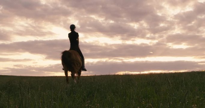 TRACKING Attractive female riding horseback on a field in the evening, sunset. Shot on RED Helium. 4K UHD RAW graded footage