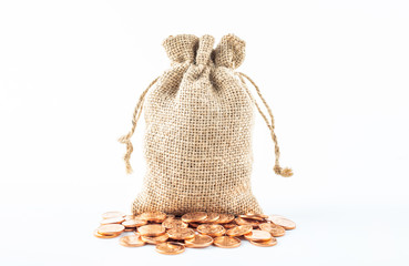 A bag of coins on a white background, saving money investment financial concept illustration
