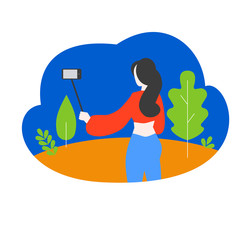 Cartoon internet blogger recording media content using selfie stick. Influencer filming video blog. Girl takes photography on her smartphone