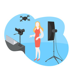 Professional digital software for video blogger. Cartoon influencer recording media content. Filming vlog with drone
