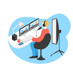 Movie editing and sound production. Freelance filmmaker and videographer. Video editor. Man creates media content for blog.