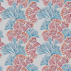 Seamless pattern with marine plants. Corals and algae. Watercolor pattern. Suitable for textile design, paper, wedding decor.