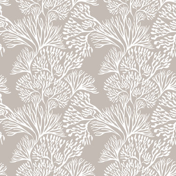 Seamless pattern with marine plants. Corals and algae. Watercolor pattern. Suitable for textile design, paper, wedding decor.