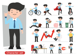 Businessman cartoon character design with different poses set