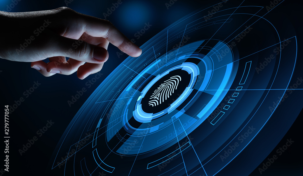 Poster fingerprint scan provides security access with biometrics identification. business technology safety