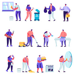 Set of Flat Household Activities, Husband for an Hour Set Characters. Cartoon Male Characters in Uniform Working with Instruments Fixing Broken Technics at Home. Vector Illustration.